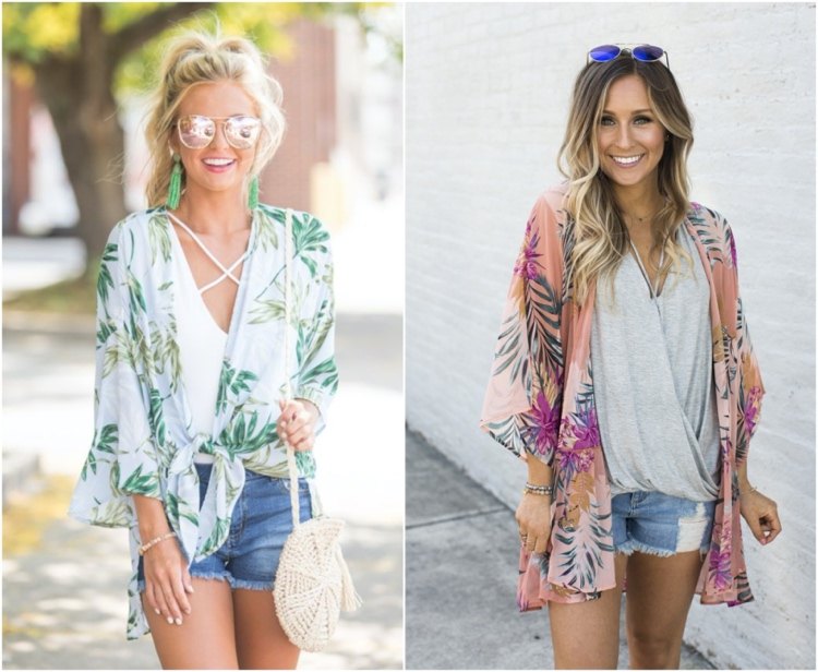 Ideias de roupas de verão para as férias, shorts jeans e quimono em look tropical