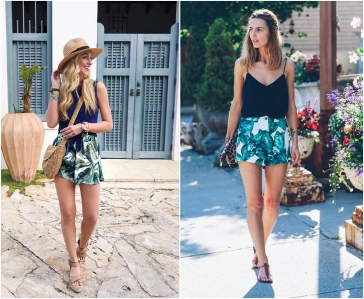 Roupa casual de verão com skorts em look tropical e uma blusa de cor lisa