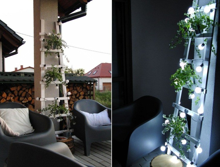 Decoração de verão do lado de fora - escada moderna e branca com plantas e luzes mágicas