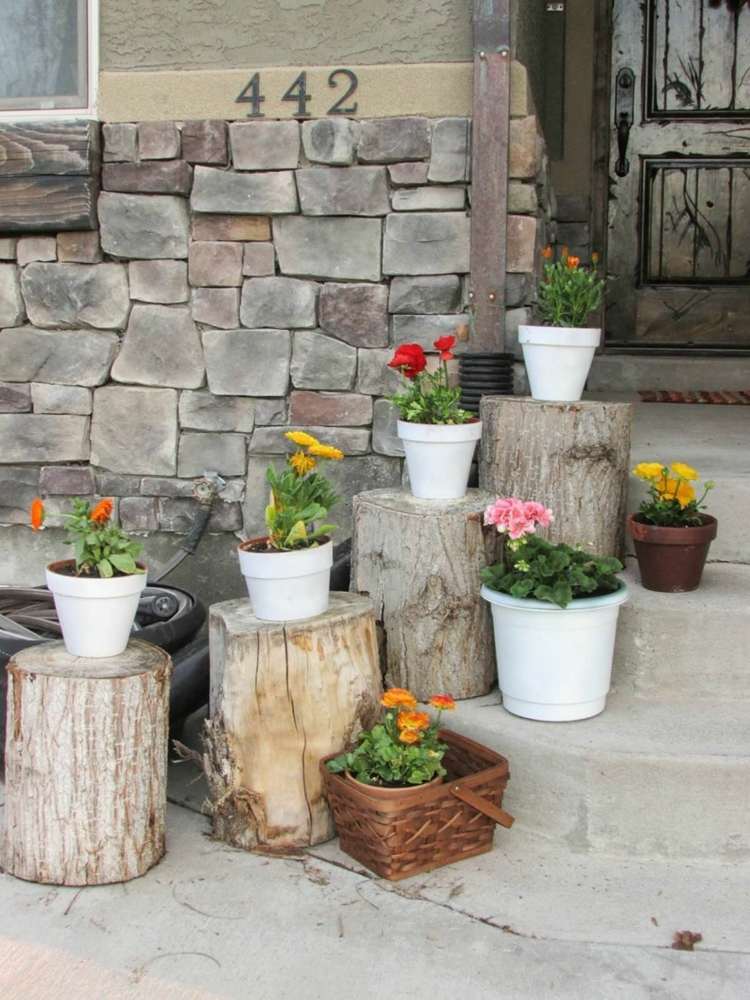 Projete escadas na frente da entrada da casa com tocos de árvores e vasos de flores