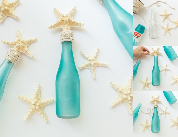 Decoração de verão, pinte uma garrafa de vinho vintage e decore com estrelas do mar e pérolas