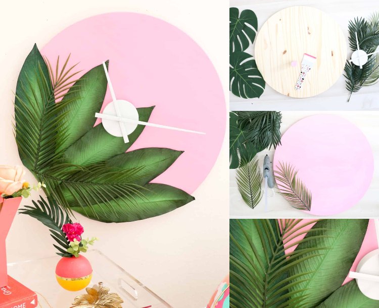 Faça você mesmo um relógio de parede rosa para decoração de verão e decore com samambaias