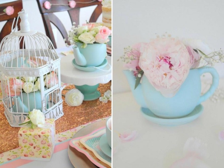 Decoração de verão vintage para gaiola de mesa e xícara de chá decorada com flores
