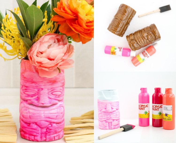 Faça uma mesa de decoração de verão, pinte o vaso Tiki de rosa