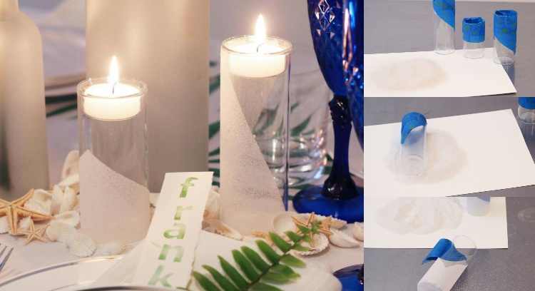 Ideia DIY de decoração de verão para decorar o interior de um vaso de vidro ou vela flutuante com areia