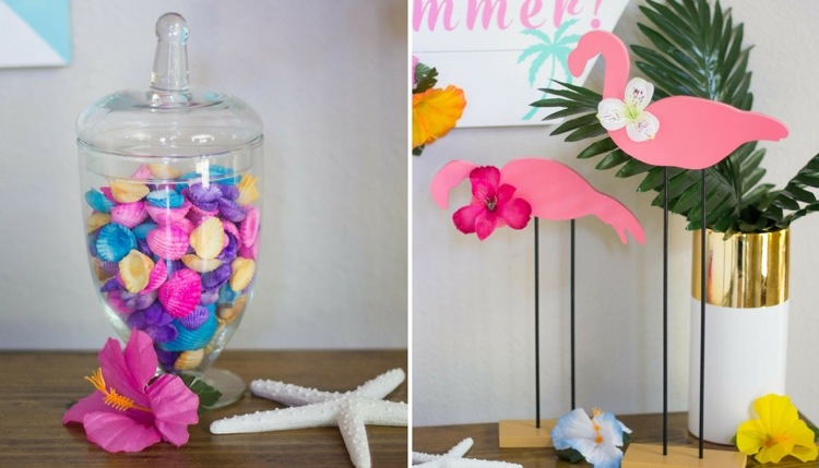 Colorir a decoração de verão rosa com flamingo e conchas