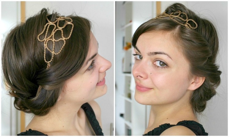 ideia de faixa de cabelo dourado para penteado de verão