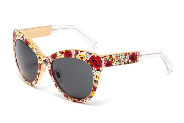 padrão floral-moldura-frentes-olho-de-gato-óculos de sol-ouro-transparente-pontas das têmporas