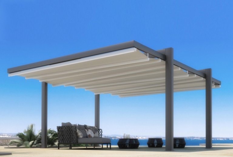 Cobertura do terraço com proteção solar-free-standing-pergola-aluminium-fabric-rollable