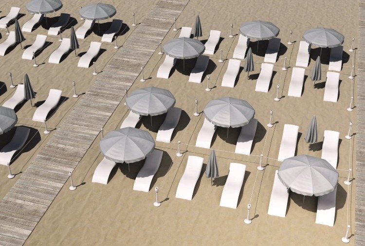 ilustração de um projeto 3D com espreguiçadeiras demarcadas na praia