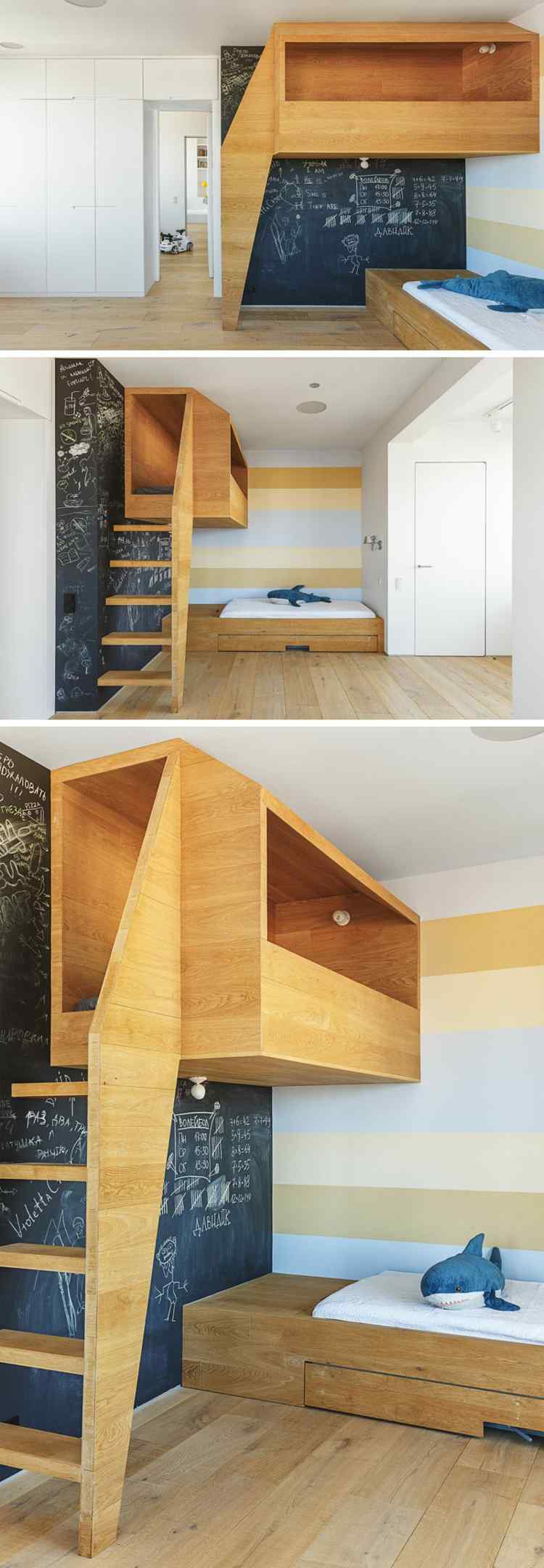 Playhouse feito de madeira, material natural-cama-quarto de criança-brinquedo de pelúcia-tubarão-parede-letras-porta-escadas-2