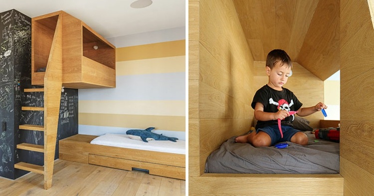 teatro feito de madeira quarto infantil-quarto-menino-cama-escada-pelúcia-animal-parede-decoração-quadro-negro-pintura-1