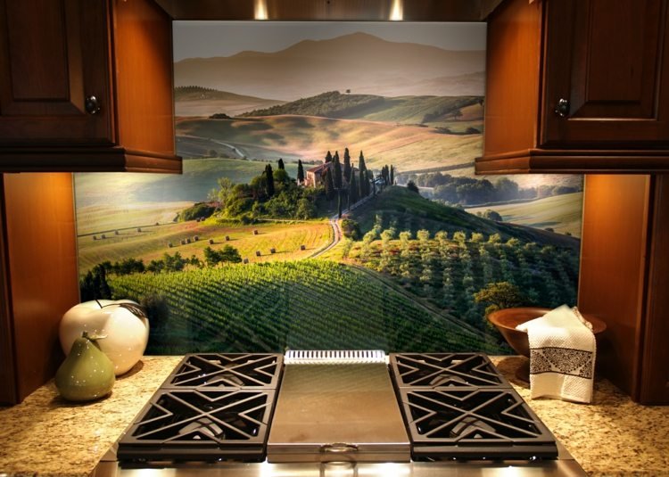 Respingo guarda-fogão-paisagem-adesivo-filme-natureza-vinhedos-cozinha-iluminação-decoração-maçã-pêra-tigela-toalha de cozinha