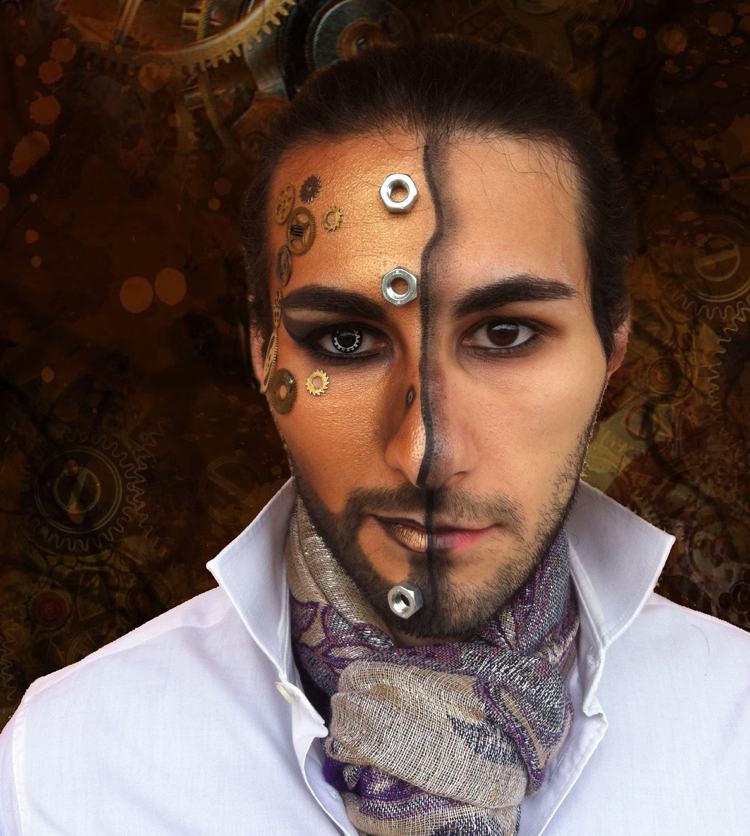 Homem Steampunk aplicando ideias de maquiagem para metade do rosto