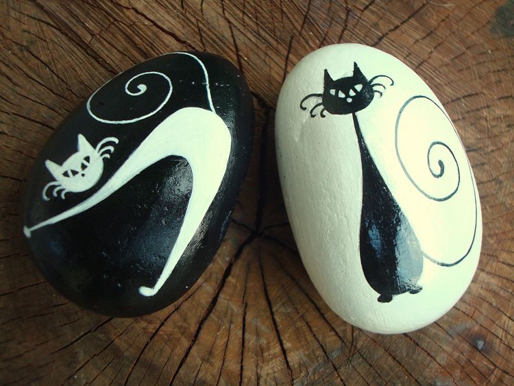Pinte pedras em preto e branco Idéias para padrões de gatos