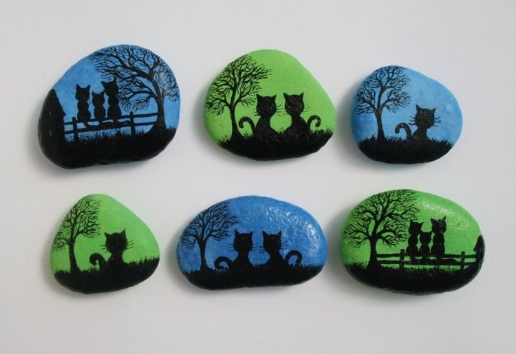 pintar pedras gatos pôr do sol preto dia das bruxas verde azul