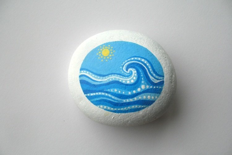 pintar pedras mar onda sol praia tema verão azul nuances