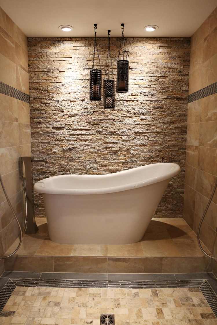 Banheiro de azulejos de pedra - banheira independente de pedra natural asiática