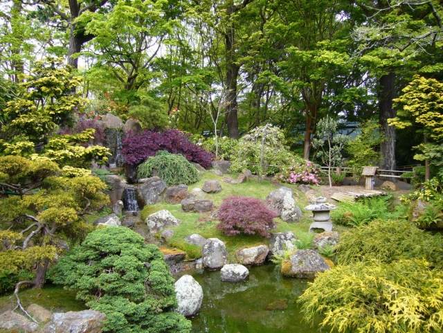 jardim inclinação pedras lagoa estilo japonês