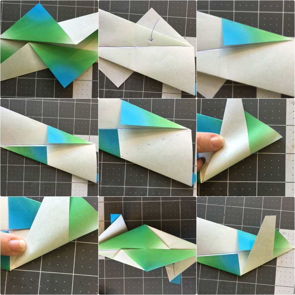 instruções passo a passo para dobrar a estrela de origami 3d em verde azul e branco