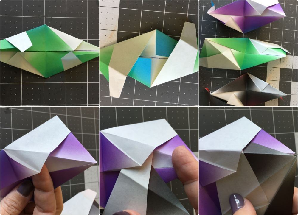 Dobre triângulos e insira partes uns nos outros para origami estrela 3d