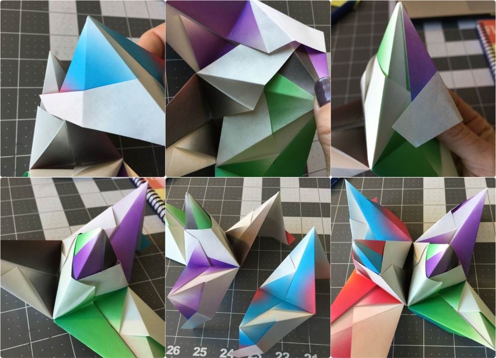 partes de uma estrela 3d de origami colocadas juntas de acordo com as instruções de dobragem com papel colorido
