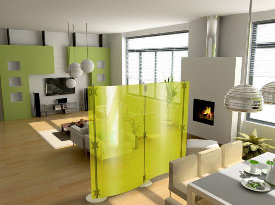 sala de estar moderna amarela transparente com parede de vidro