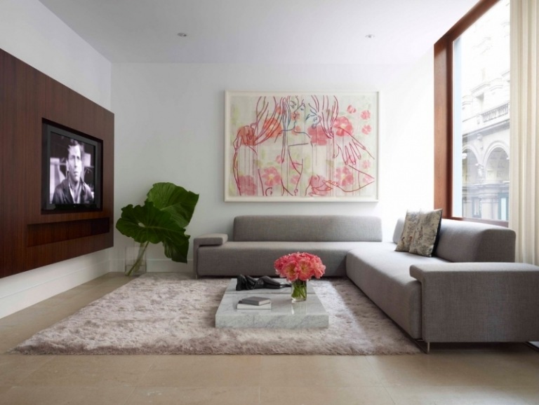 Móveis de sala de estar elegantes - unidade de parede de madeira - sofá de canto - pinturas