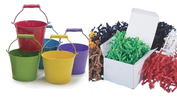Crie ideias para utensílios de páscoa Ideias para cestas de páscoa Balde de metal para flores e grama de páscoa