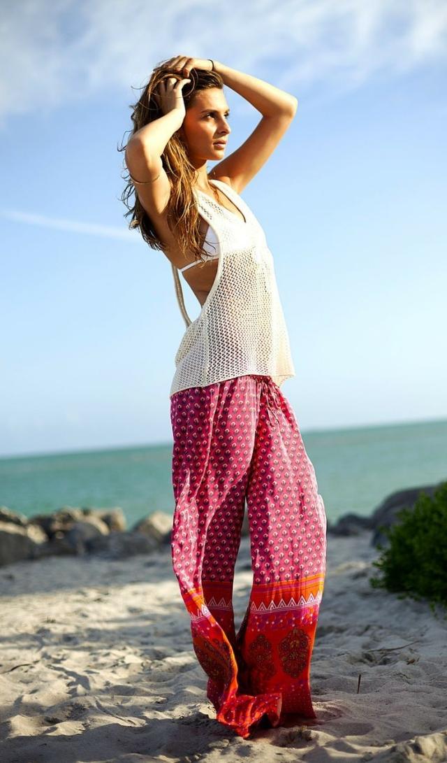moda praia-boêmio-chique-rosa-laranja-calça de praia-frente única