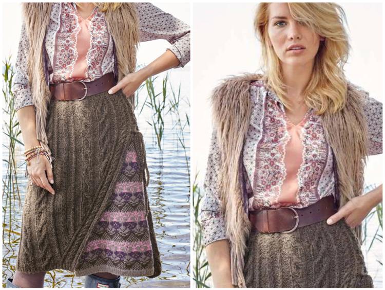 Roupa boho para outono inverno saia de malha com blusa estampada em linha A e colete de pele