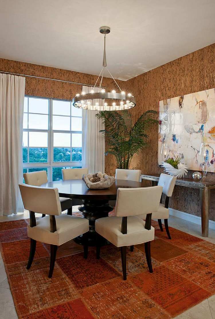 papel de parede sala de jantar cortiça imitação de cores quentes mesa lateral de carpete