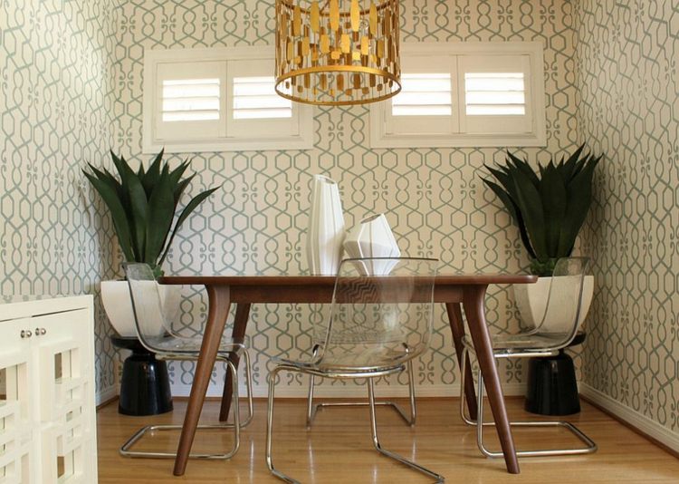 papel de parede sala de jantar estilo retro mesa de jantar cadeira de vidro para plantas