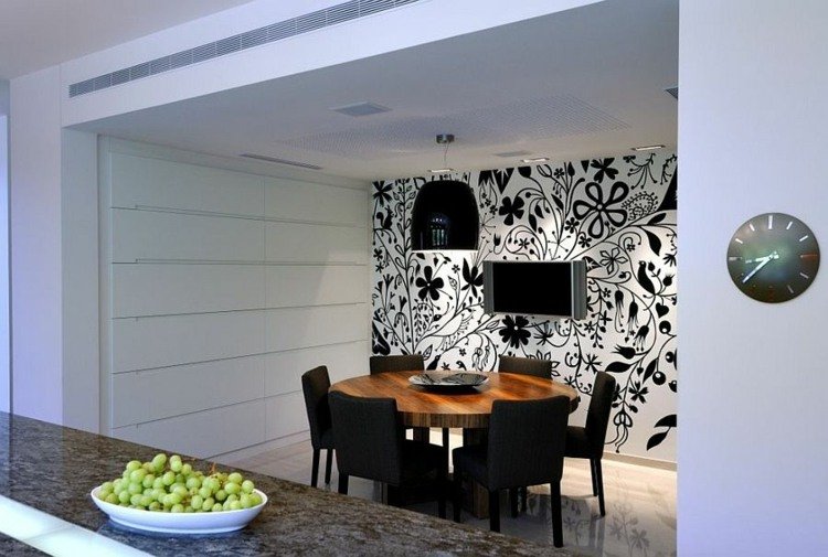 papel de parede sala de jantar preto e branco padrão moderno ideia relógio uvas