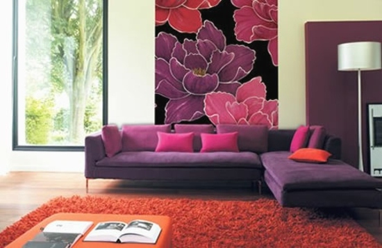 papel de parede floral roxo sala de estar