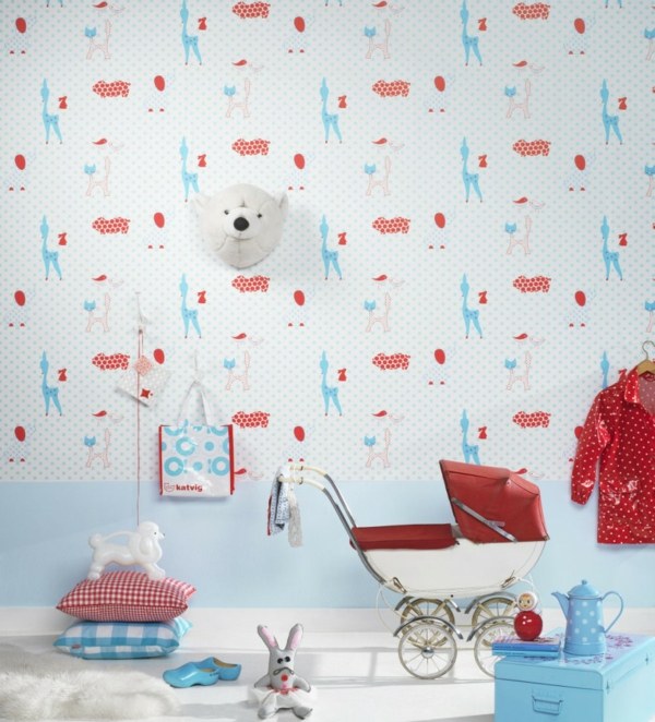 Papel de parede de padrão azul-vermelho-quarto infantil