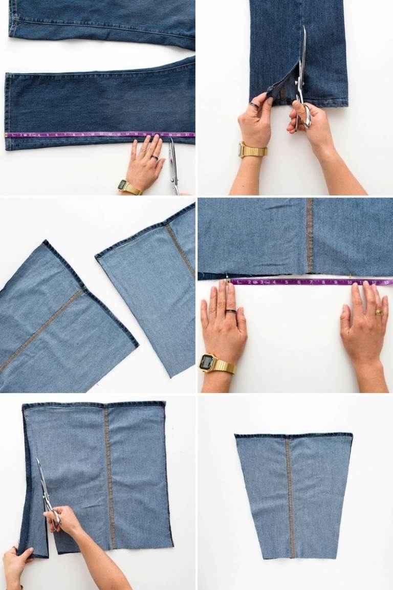 Bolsa de jeans velho fechar-instruções-cortar-as-pernas da calça