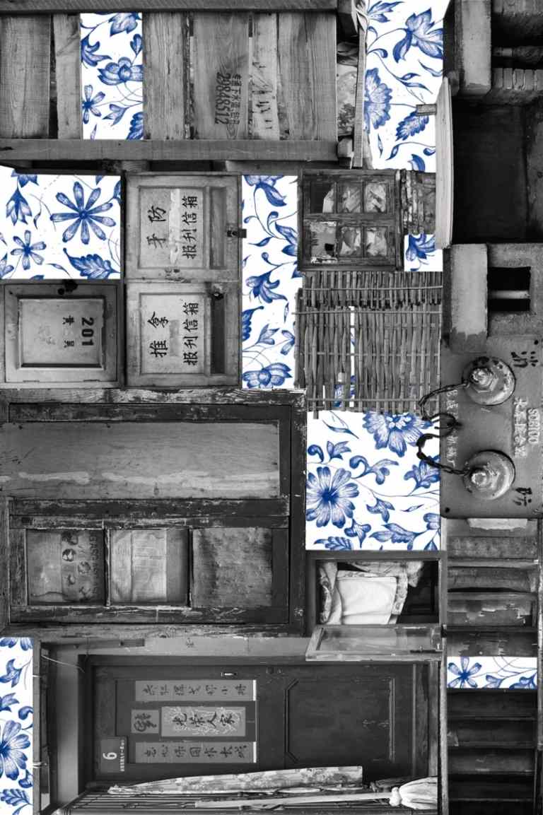 tapete-design-neri-hu-remanescente-preto-branco-foto-flor-padrão-azul-vintage