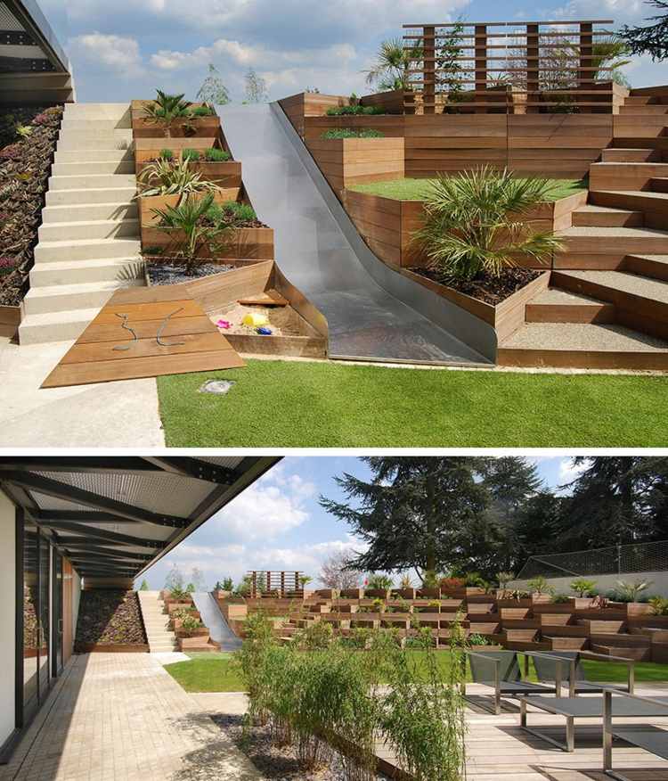 terraço na encosta metal-slide-step-wood-design
