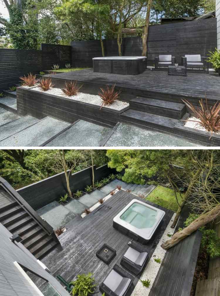 terraço na encosta negra-madeira-hidromassagem-decoração de cascalho decorativo