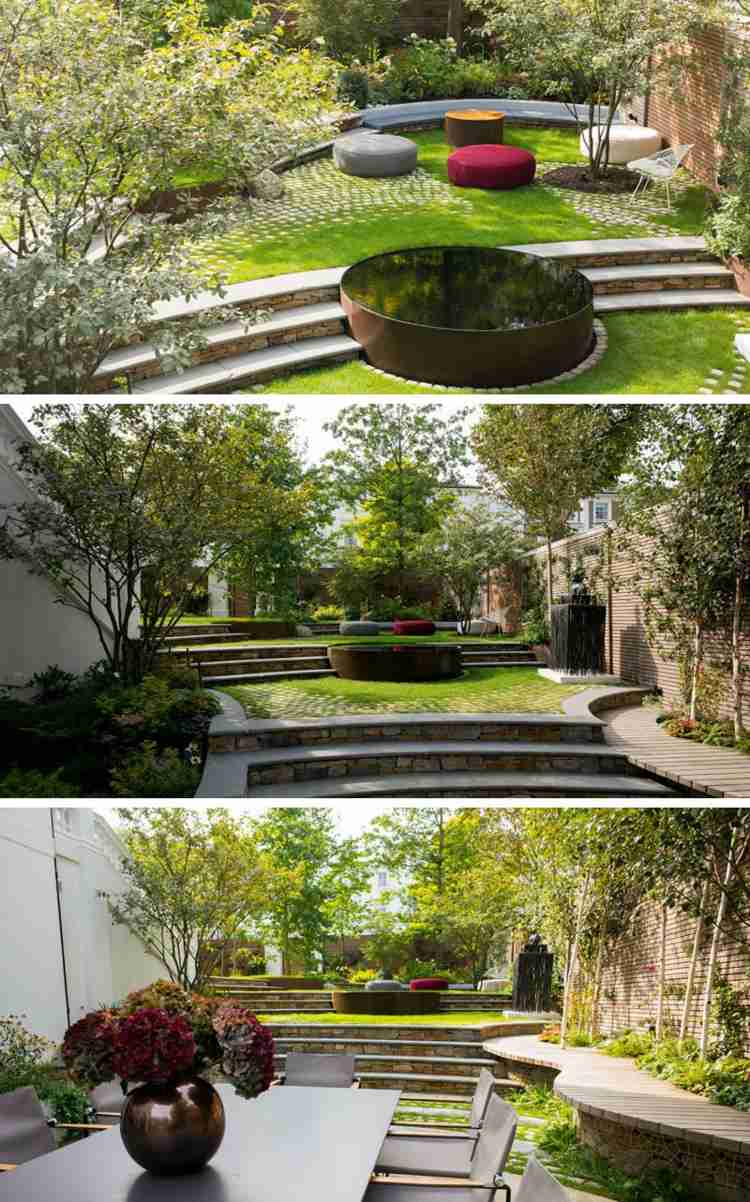terraço-encosta-cama redonda-pequeno-jardim-árvores projetadas