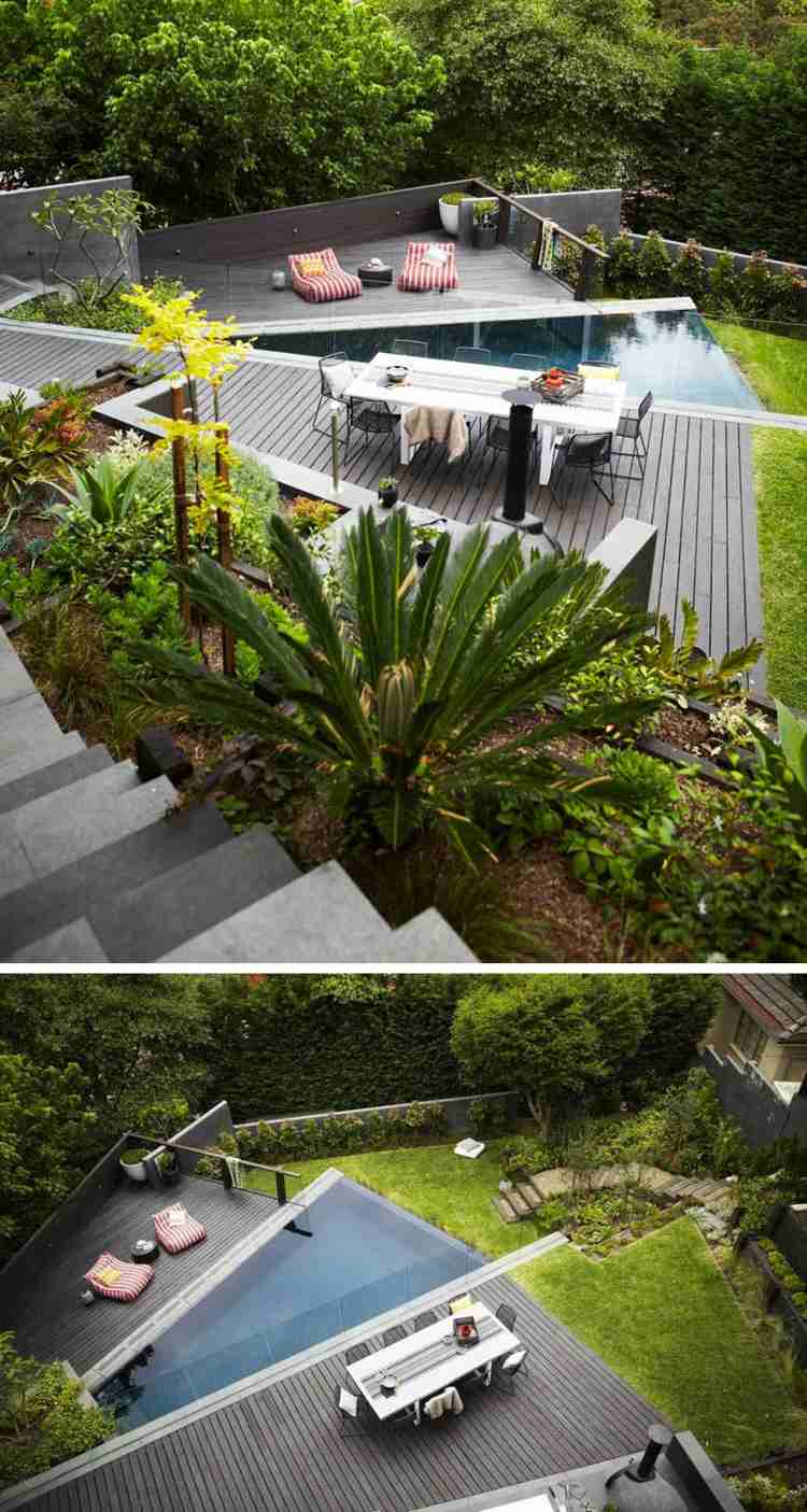 terraço-encosta-plantas exóticas-piscina-triangular-área para refeições