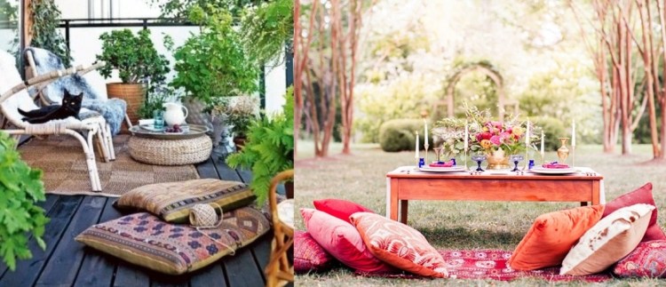 Prepare o terraço -design-boho-ainda-jardim-romântico-sentar-almofadas-relaxamento-colagem
