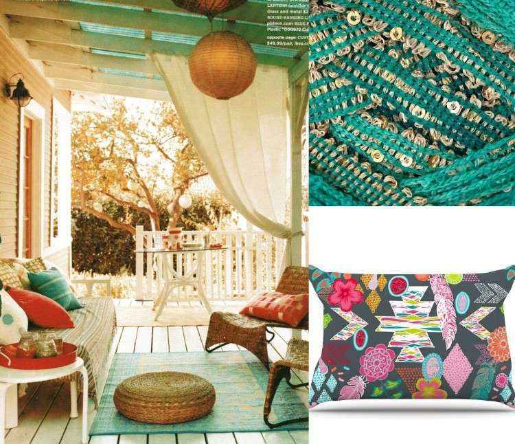 Decorar o terraço -design-estilo-boho-padrão-colorido-mobiliário-colagem