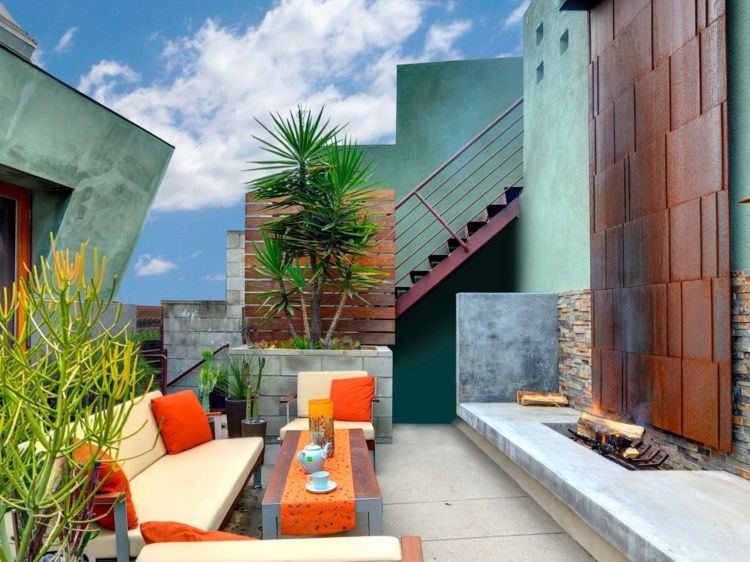 terraço e varanda design eclético design laranja móveis salão ferrugem parede com detalhes