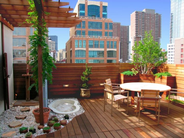 terraço e varanda design terraço no telhado ideia jardim seixos madeira tela de privacidade