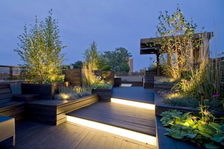 jardim iluminação degraus terraço telhado parquete árvores luz