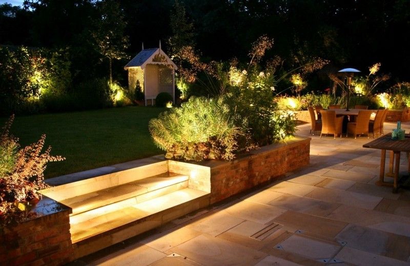 iluminação de jardim escadas lâmpadas externas telhas indiretas de pedra área de estar plantas