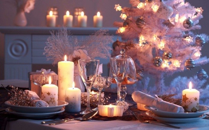 decoração de mesa branca para velas de natal neve árvore de natal
