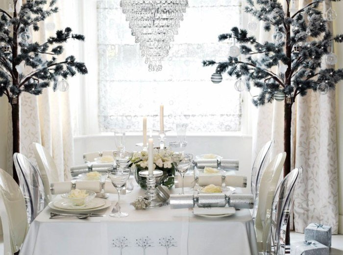 decoração de natal mesa branca elegante inverno ideias árvores